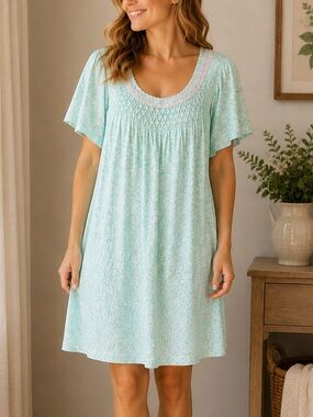 Aria Floral Nightgown M Cotton Smocked Lace Cottagecore Sleep Dress Nightie